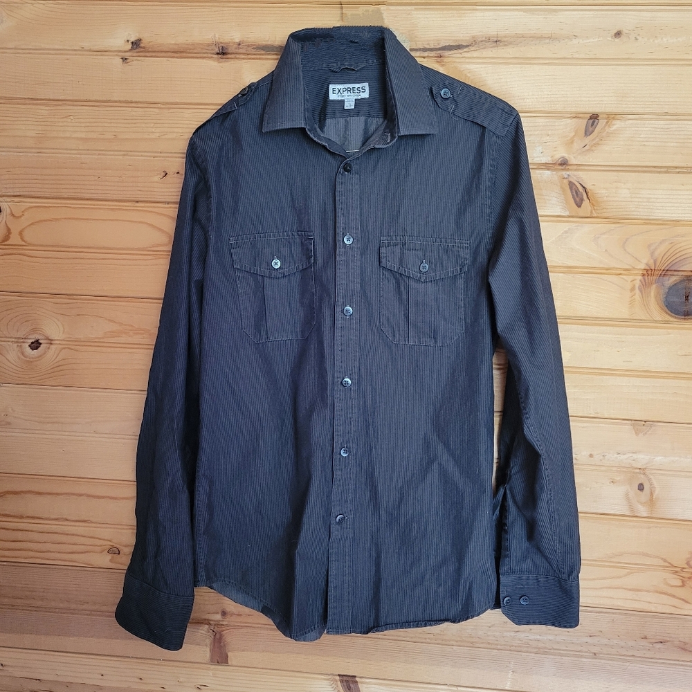 Express Fitted Black Striped Men's Button-Down Shirt, Size: Small 14-14.5